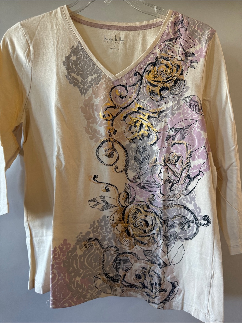 Nicole Miller Floral Long Sleeve V-Neck Top in Cream & Pink Size Large Rockera Y